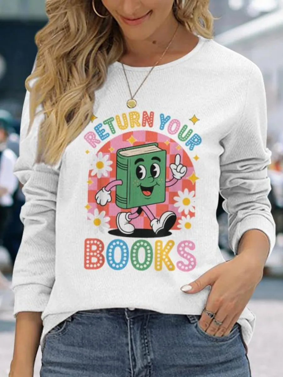 Cartoon Book Round Neck T-Shirt