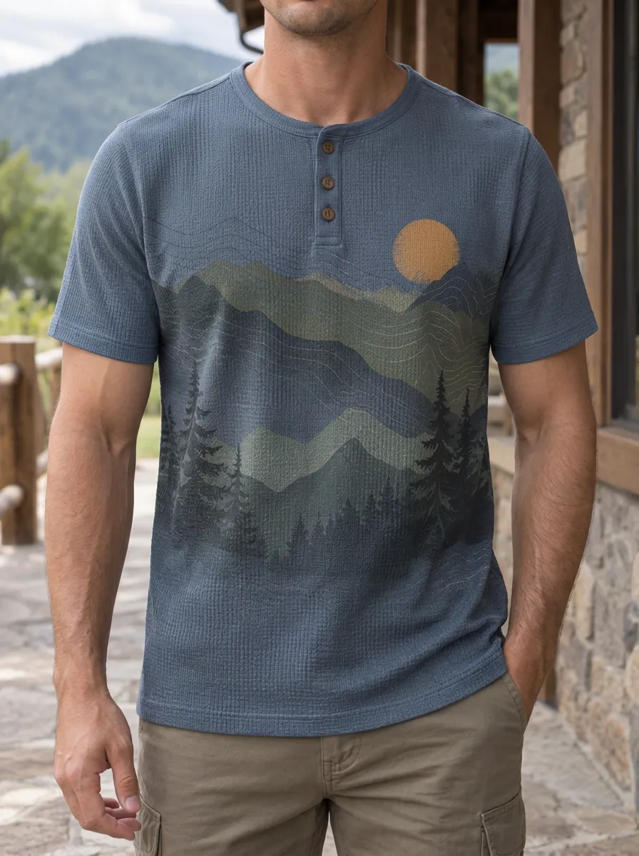 Men's Artful Nature Lover Mountain Forest Sun Henley T-Shirt