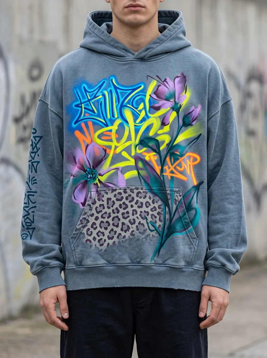 Unisex Streetwear Graffiti Flower Leopard Graphic Hoodie