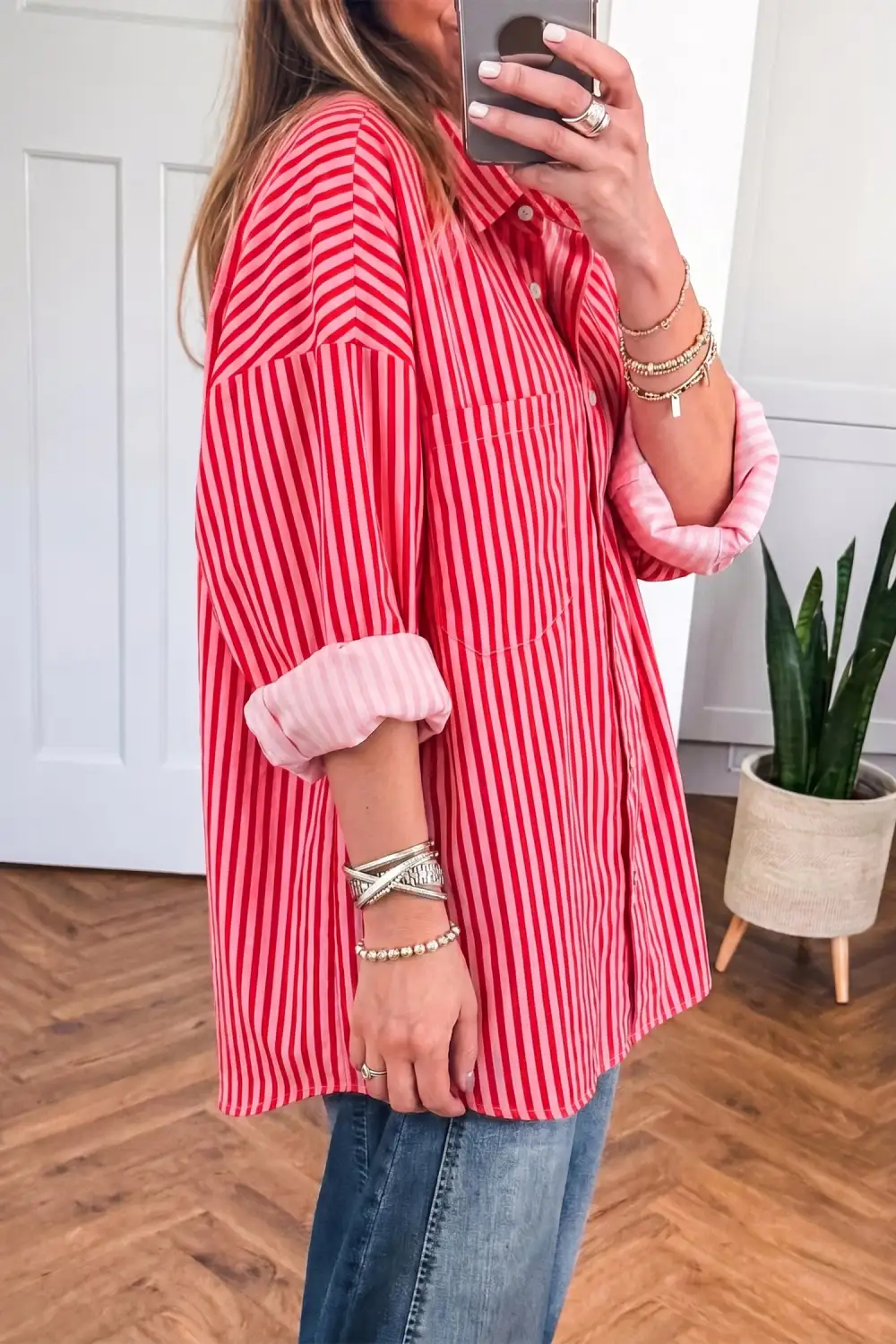 Women's Striped Long Sleeve Patch Pocket Blouse