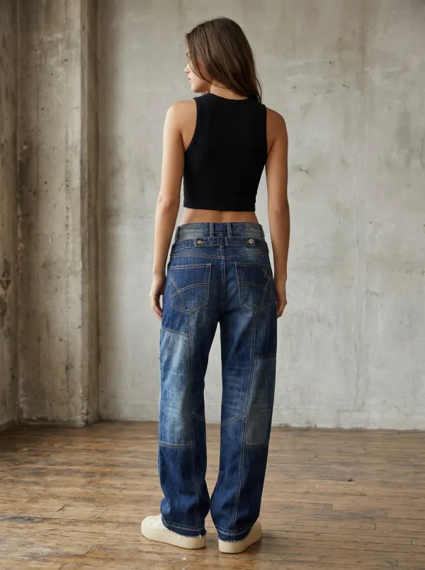 Women's Vintage Style Patchwork Denim Printed Jeans