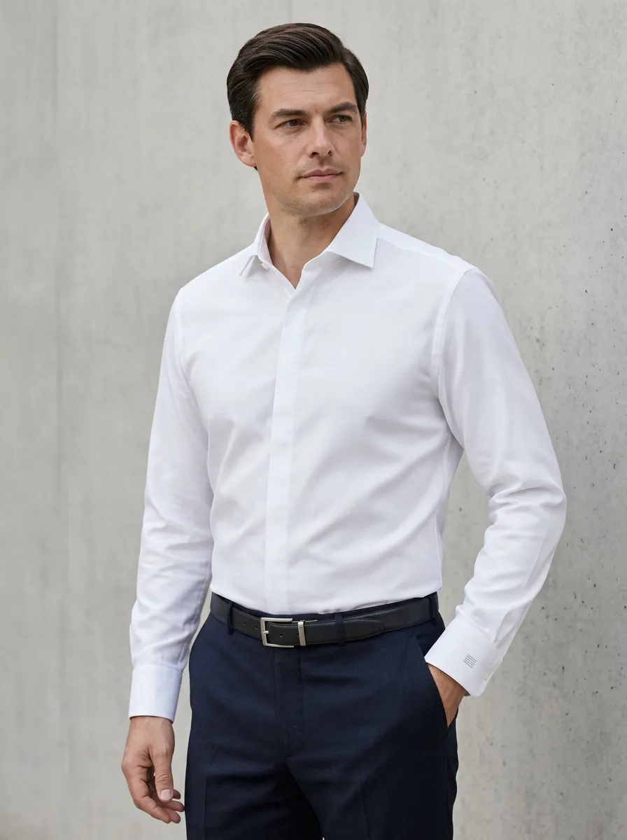 Men's Non-Iron Cotton Solid White Long Sleeve Dress Shirt