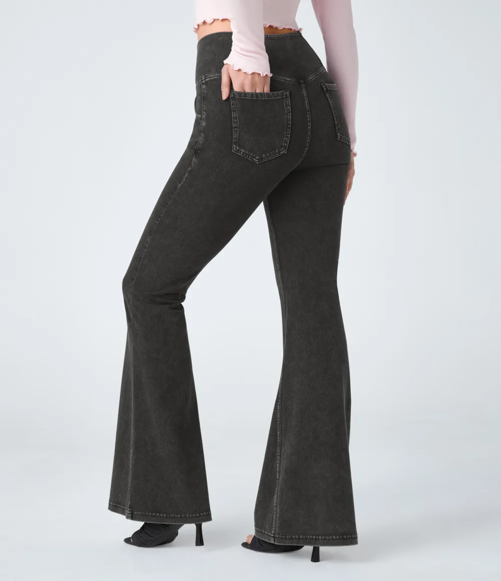 Magic High Waisted Crossover Pocket Cool Touch Washed Stretchy Knit Casual Super Flare Jeans