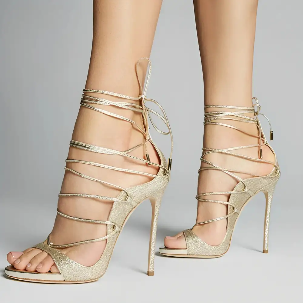 Round Toe Gladiator Lace Up Stiletto Sandals