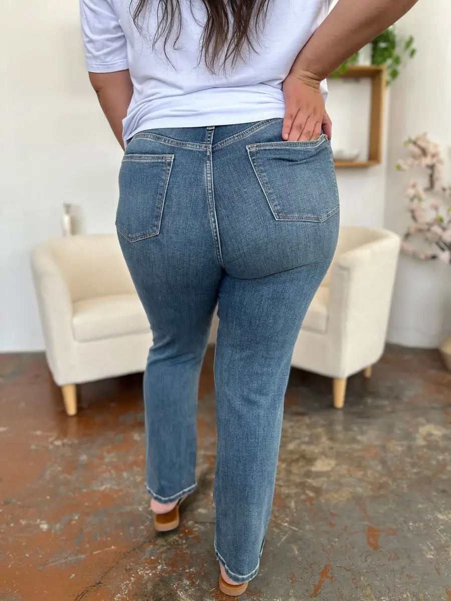 High-Waist Relaxed Washed Stretch Straight Leg Jeans