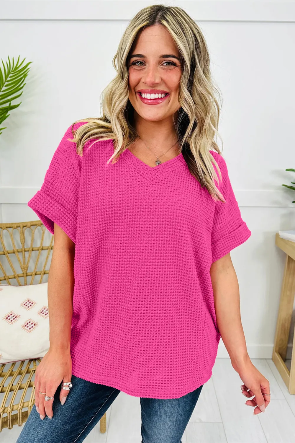 Strawberry Pink Waffle V Neck Top