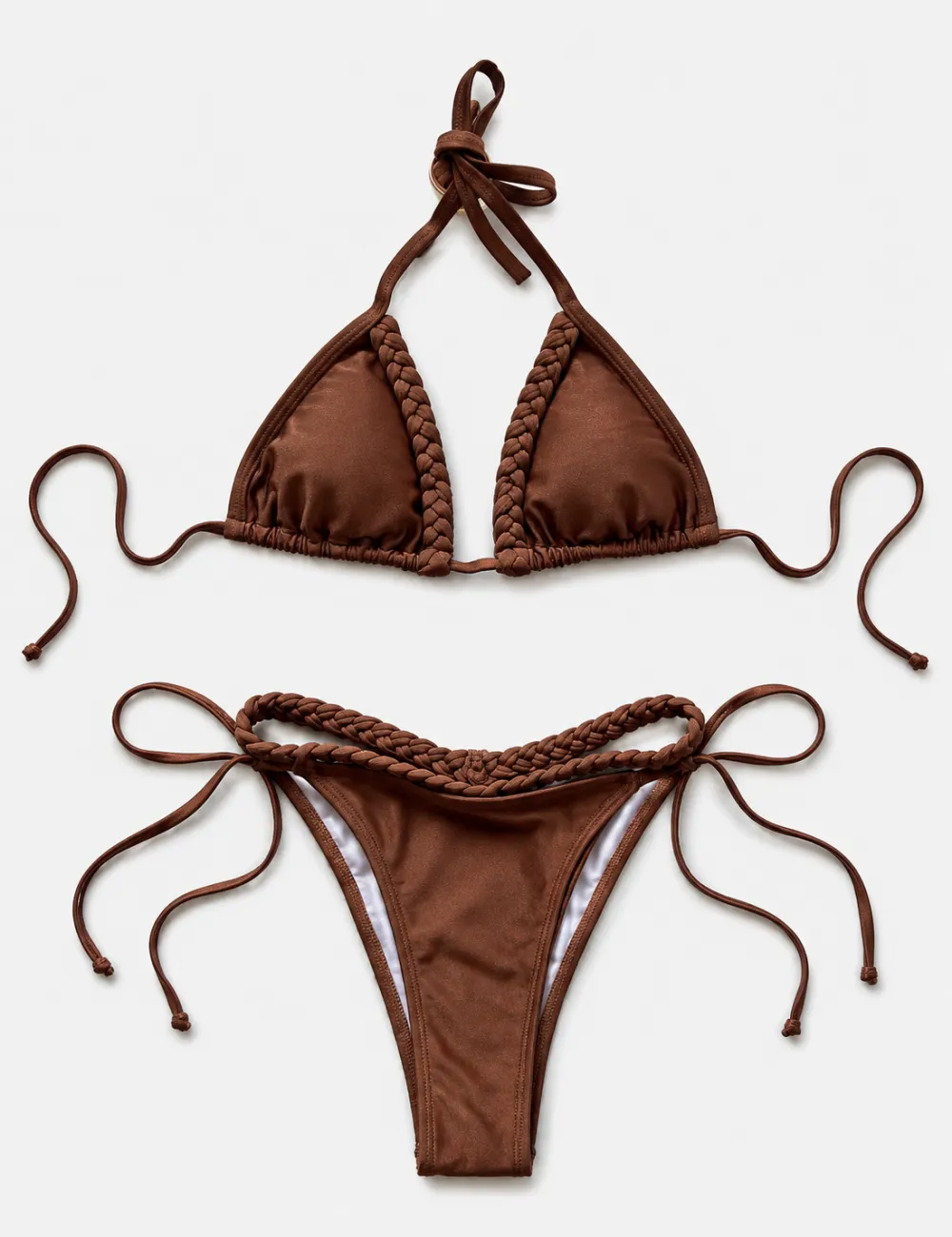 Braided Trim Halter Triangle Piece Bikini Set