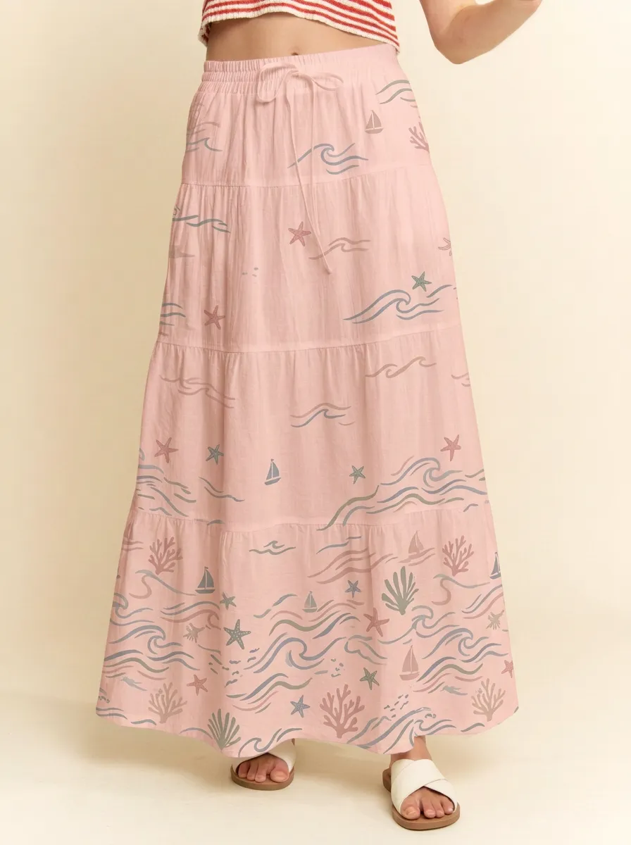 Women's Coastal Ocean Starfish Sailboat Graphic Maxi Skirt