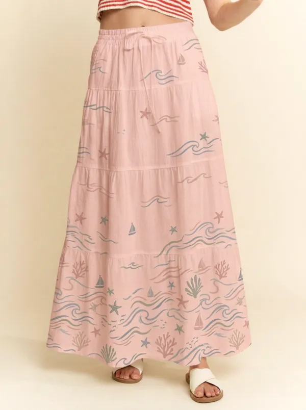 Women's Coastal Ocean Starfish Sailboat Graphic Maxi Skirt