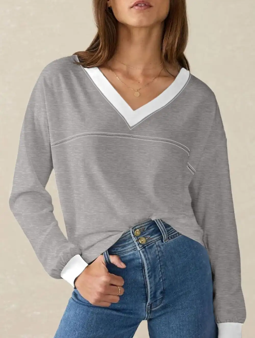 Contrast V Neck Loose Sweatshirt