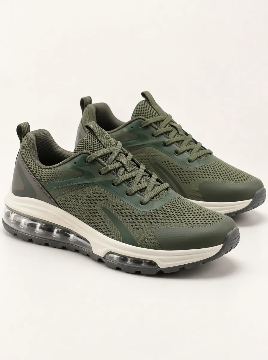 Men's Olive and Tan Utility-Panel Layered Lace-Up Sneakers