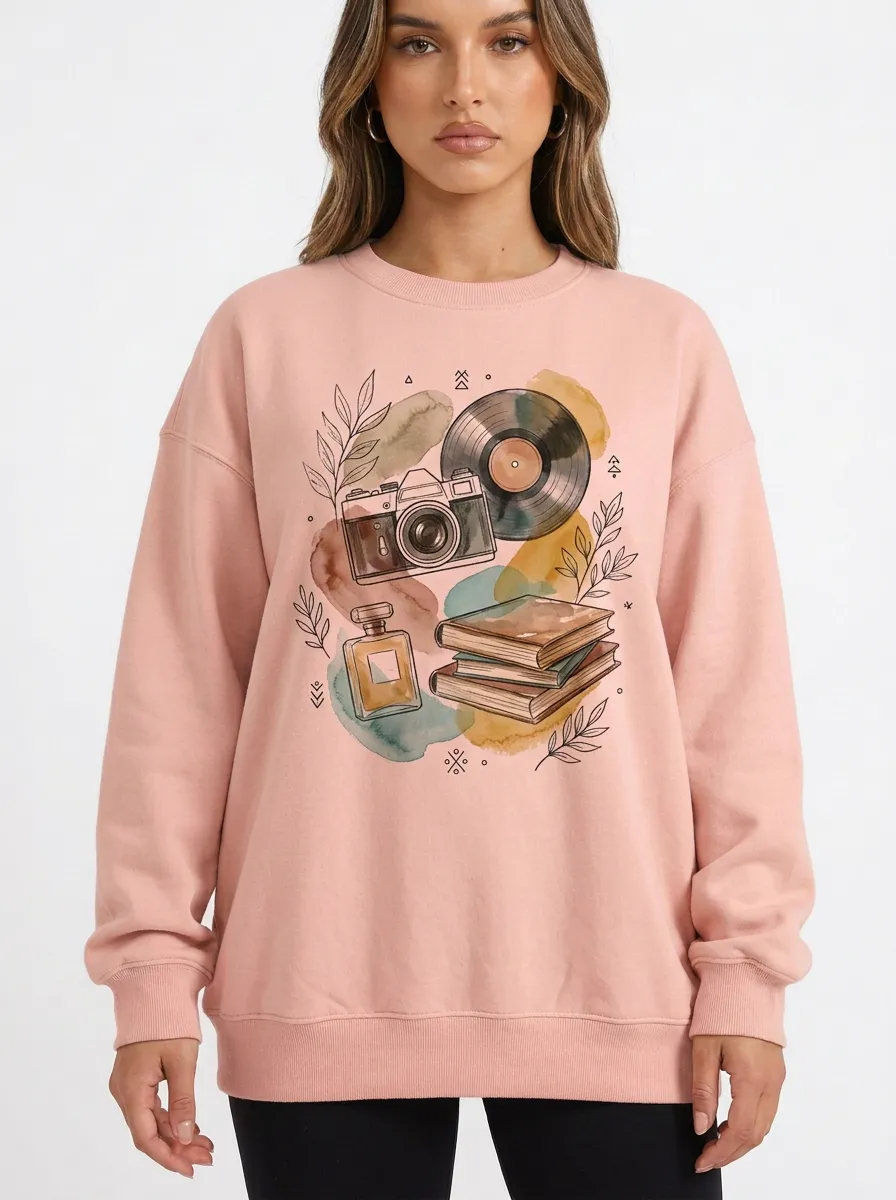Women's Aesthetic Hobby Camera Vinyl Book Graphic Sweatshirt