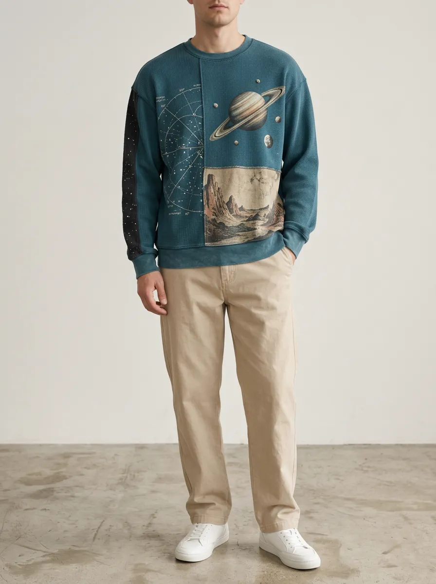 Men's Space Planet Starry Sky Graphic Printed Waffle Knit Sweatshirt