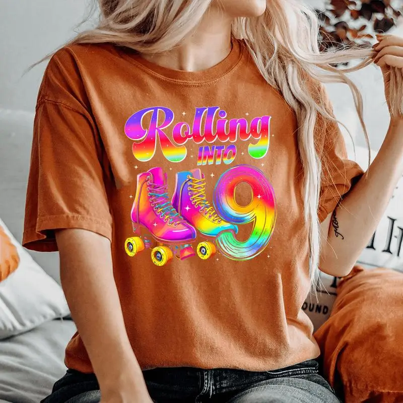 9Th Birthday Girl Nine 9 Year Old Roller Skate Skating Party Women's Oversized Comfort T-Shirt