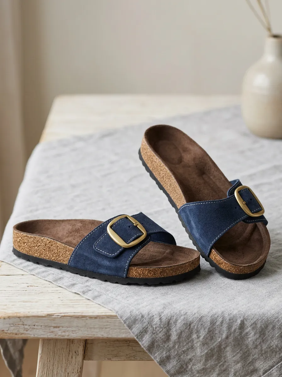 Unisex Navy Suede Cork Footbed Buckle Sandals