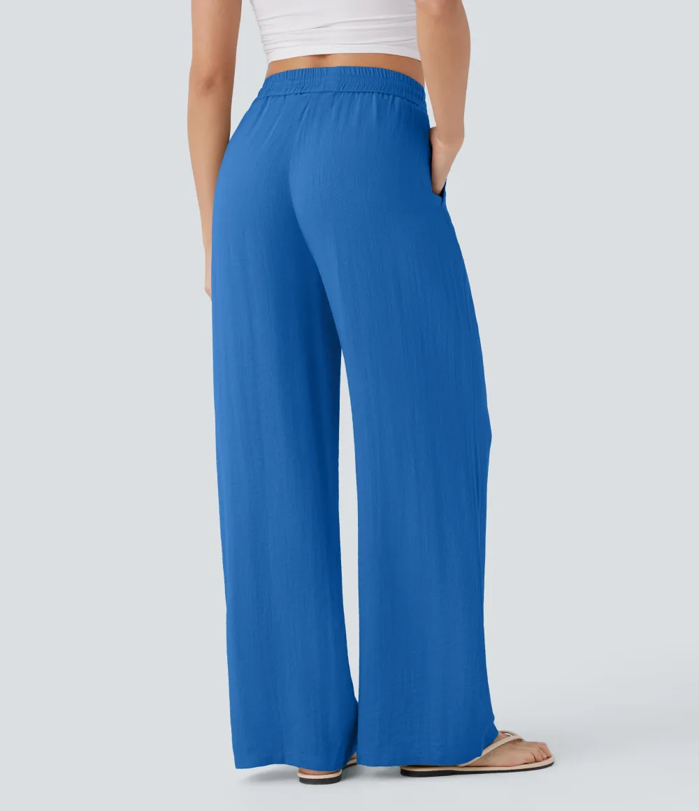2026🔥  High Waisted Drawstring Pocket Wide Leg Casual Linen-Feel Pants