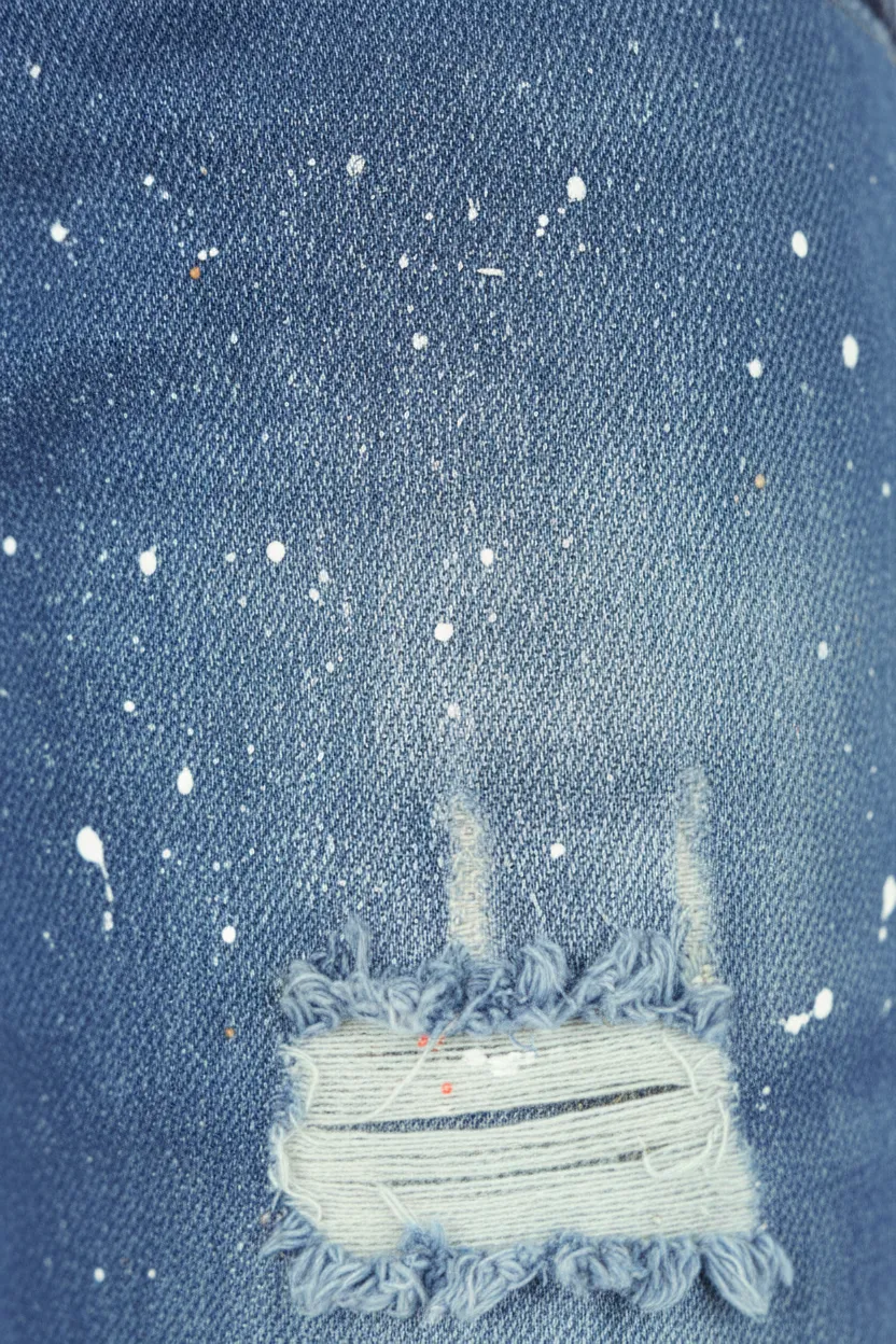 Modern Distressed Slim Fit Paint Splatter Five Pocket Jeans