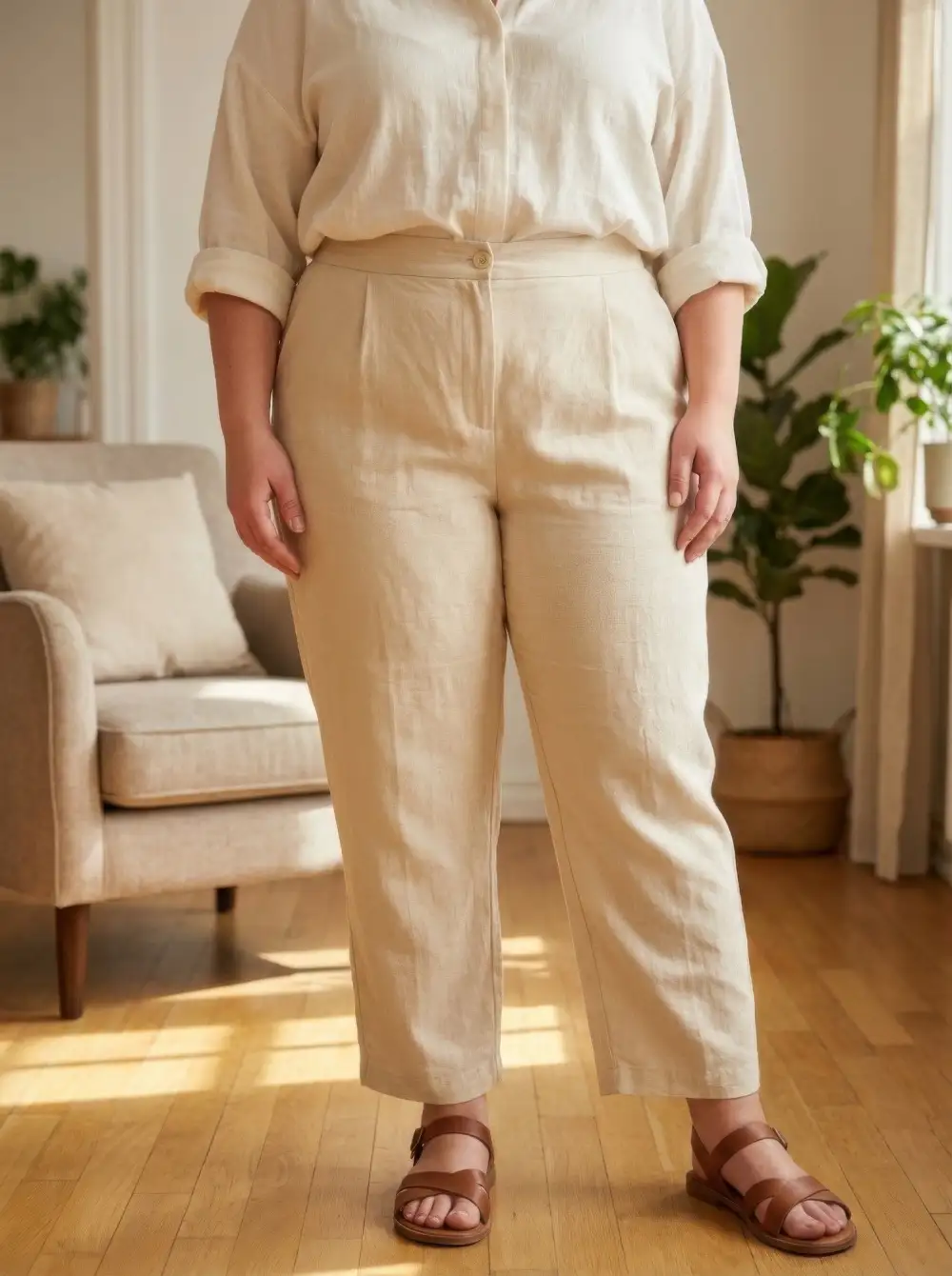 High-Rise Linen-Blend Straight Leg Pants