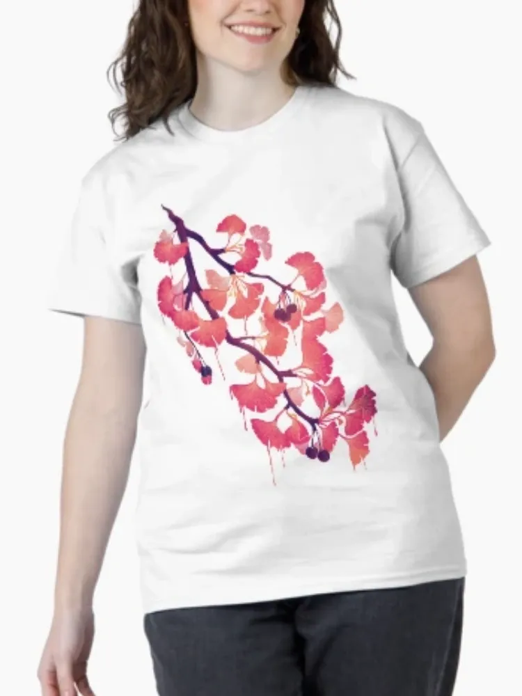 Women's Artistic Ginkgo Leaf Watercolor Print Short-Sleeve Crew Neck T-Shirt