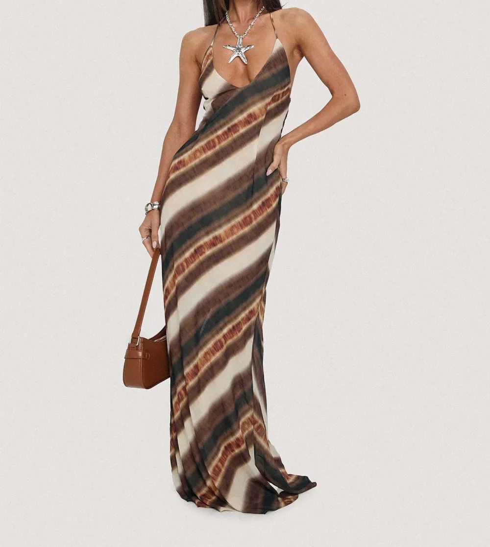 Brown Striped Halter Maxi Dress