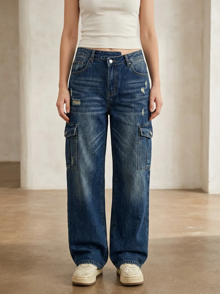 Women's Y2K Streetwear Distressed Denim Cargo Pants