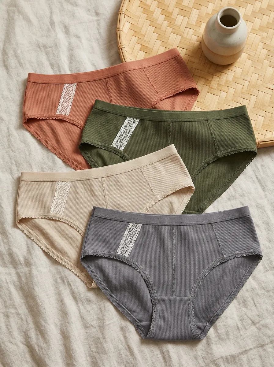 Women's Ribbed Cotton Lace Trimmed Multi-color Printed Panties Set