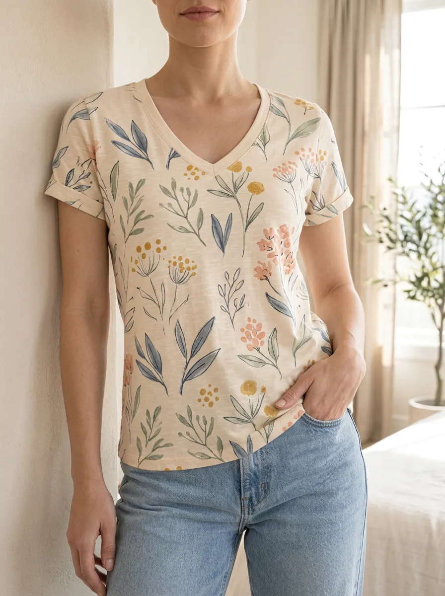 Women's Botanical Floral Nature Lover Printed V-Neck T-Shirt