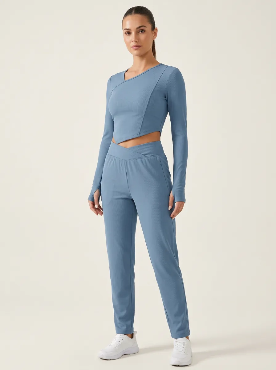 Women's Ribbed Overlap-Neck Thumbhole Crop Top and Straight-Leg Trouser Set