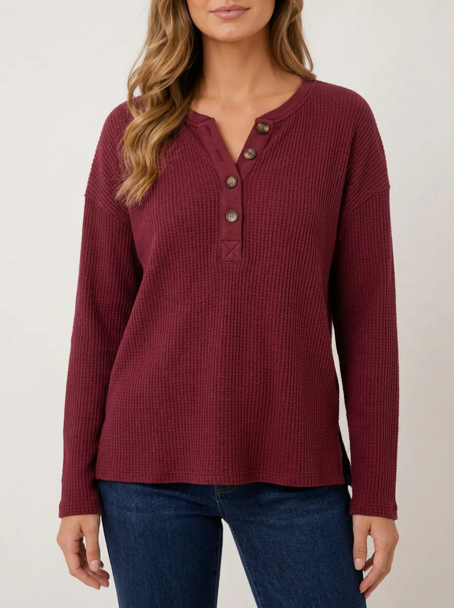 Minimal Everyday Waffle Knit Button Down Henley Top