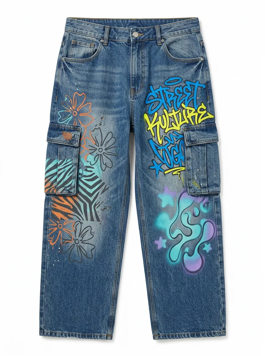 Men's Streetwear Graffiti Floral Contemporary Graphic Cargo Jeans