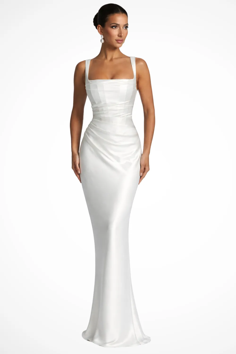  Square Neck Ruched Satin Maxi Dress