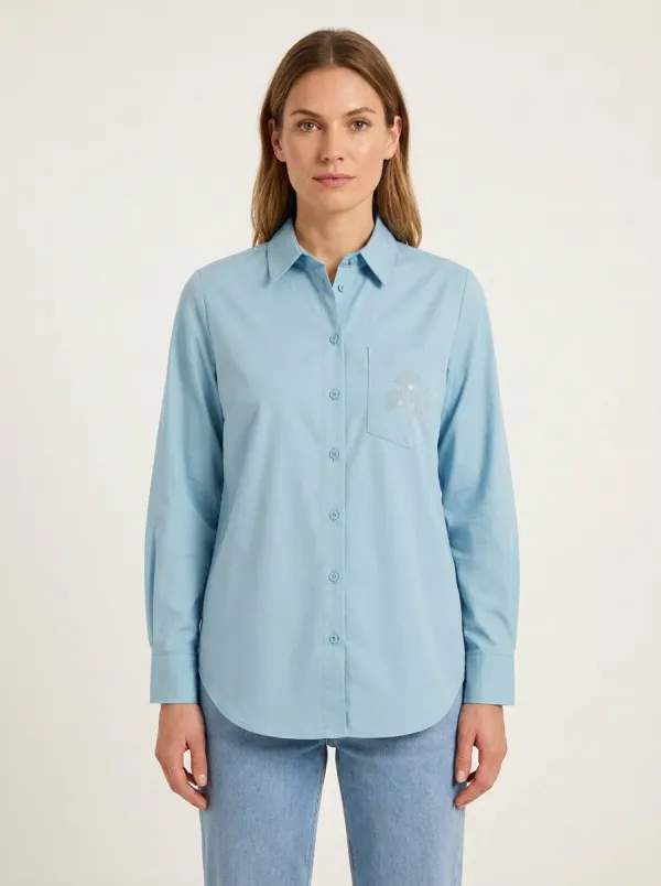 Women's Botanical-Embroidered Curved-Hem Point-Collar Shirt