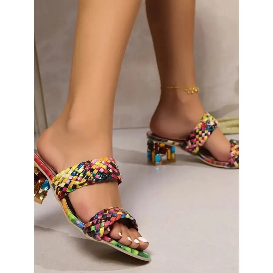 Colorful Braided Double Strap Block Heel Sandals