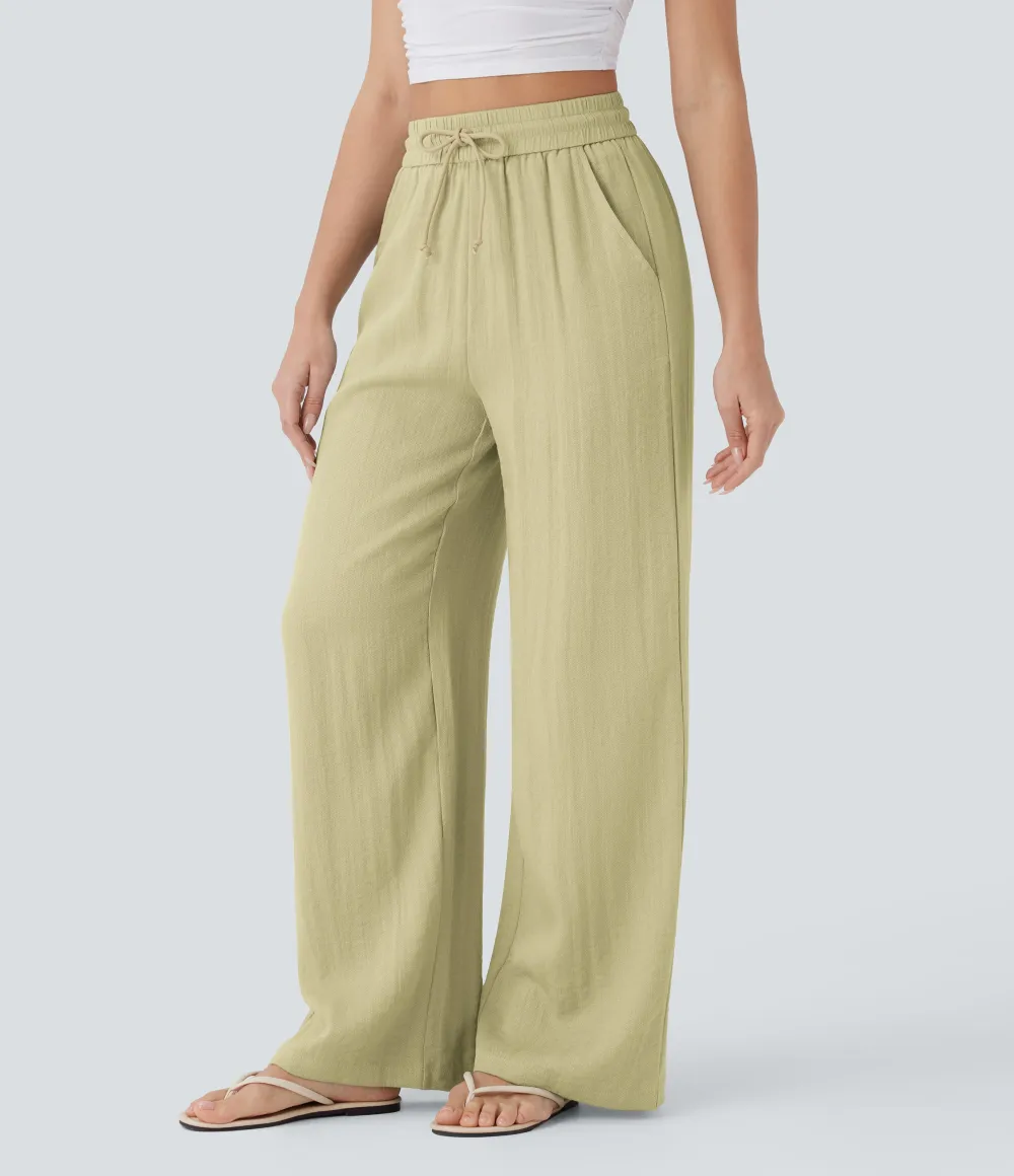 2026🔥  High Waisted Drawstring Pocket Wide Leg Casual Linen-Feel Pants