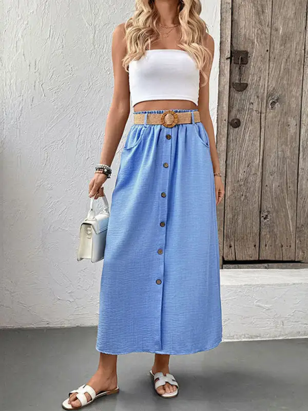Plain Button Front Pocket Detail Skirt