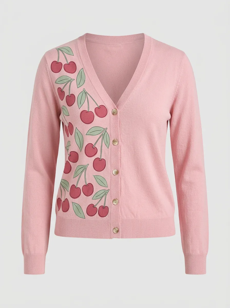 Women's V-Neck Button-Front Graphic Rib-Trim Cardigan