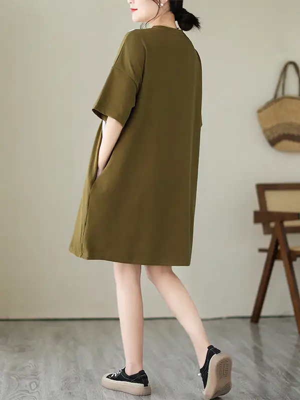 Relaxed Short Sleeve Split Joint Round Neck Mini Dress