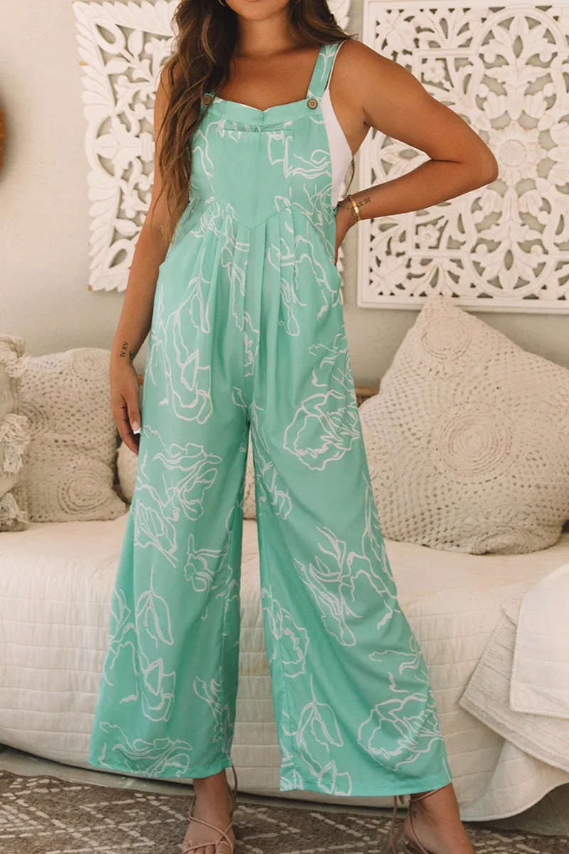 Printed Bib Wide Leg Overall Jumpsuit