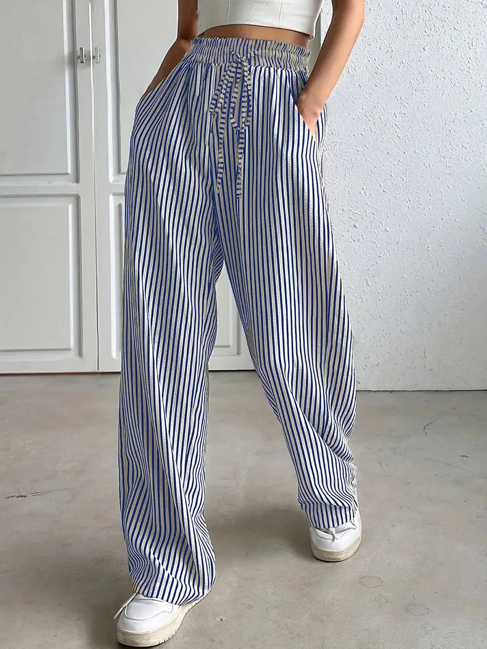 Drawstring Elastic Waist Striped Pocketed Pants