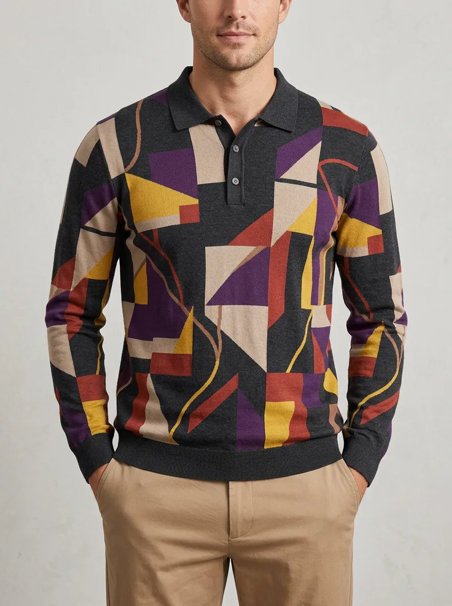 Men's Abstract Geometric Pattern Printed Long Sleeve Polo Shirt Everyday Design