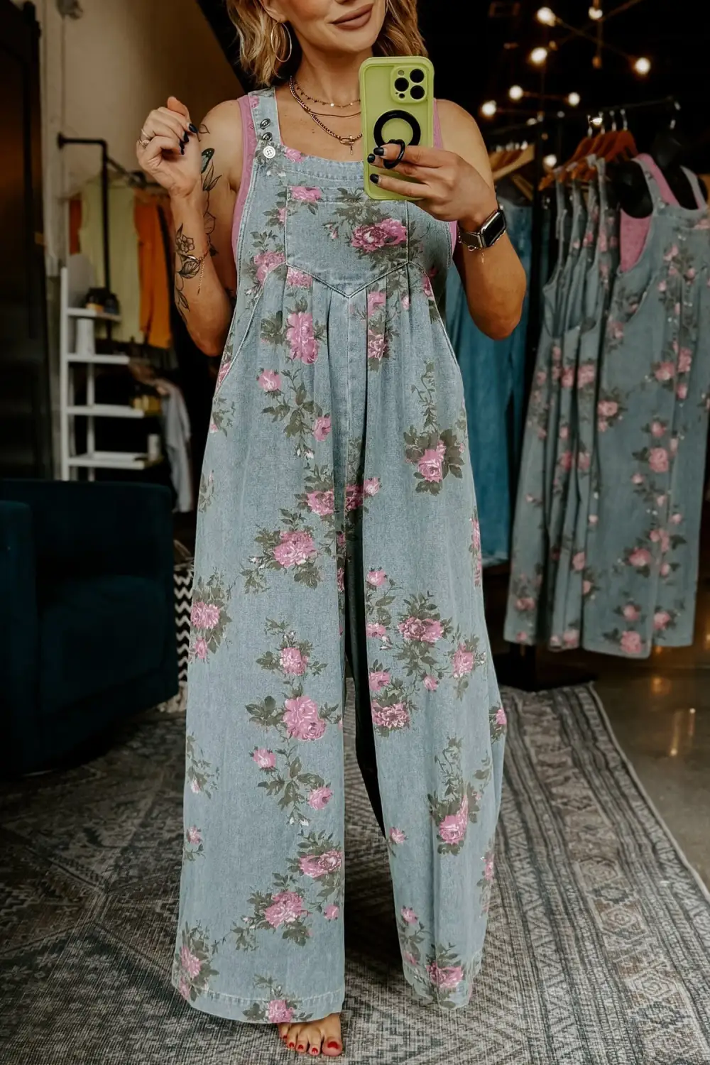 Floral Print Pleated High Waist Wide Denim Pants