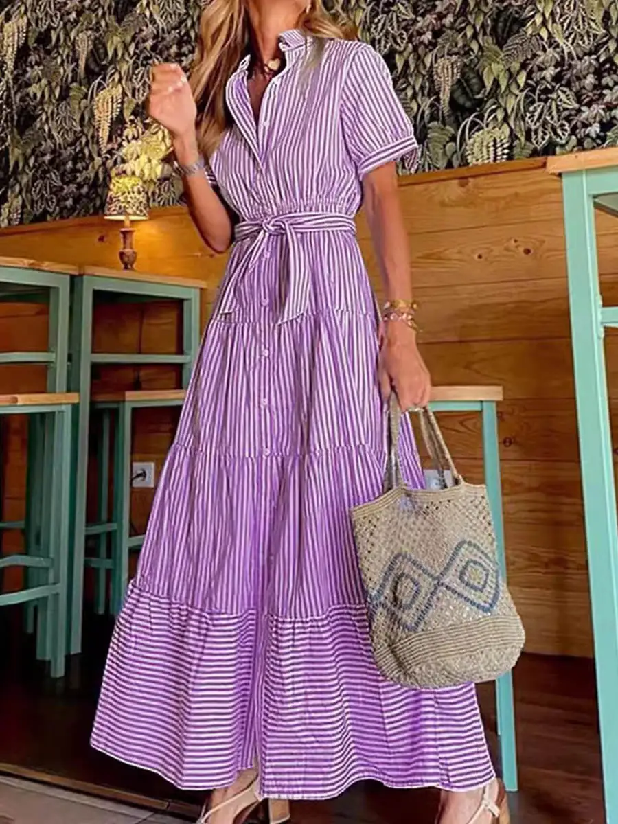 Pleated Buttoned Sleeve Shirt Maxi Dress