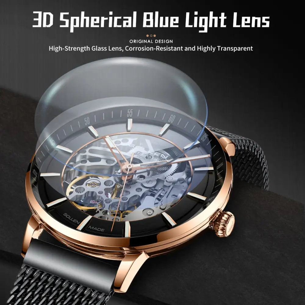 Sollen SL359 Men's Open Heart Full Skeleton Automatic Mechanical Watch - 42mm Stainless Steel Case Slim 9.9mm Luminous Markers Mesh Bracelet Wristwatch