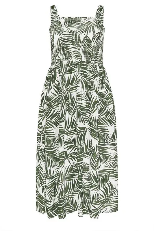 Green Palm Leaf Shirred Linen Maxi Dress