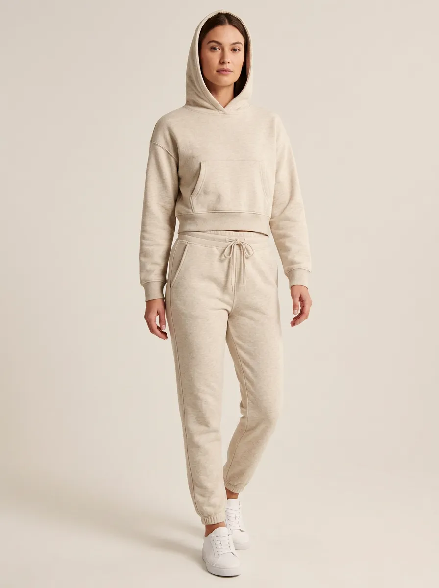 Women's Kangaroo-Pocket Heathered Cropped Hoodie Jogger Set