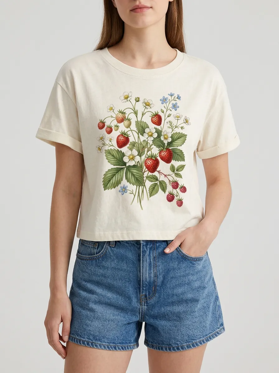 Women's Botanical Lover Strawberry Floral Printed T-shirt