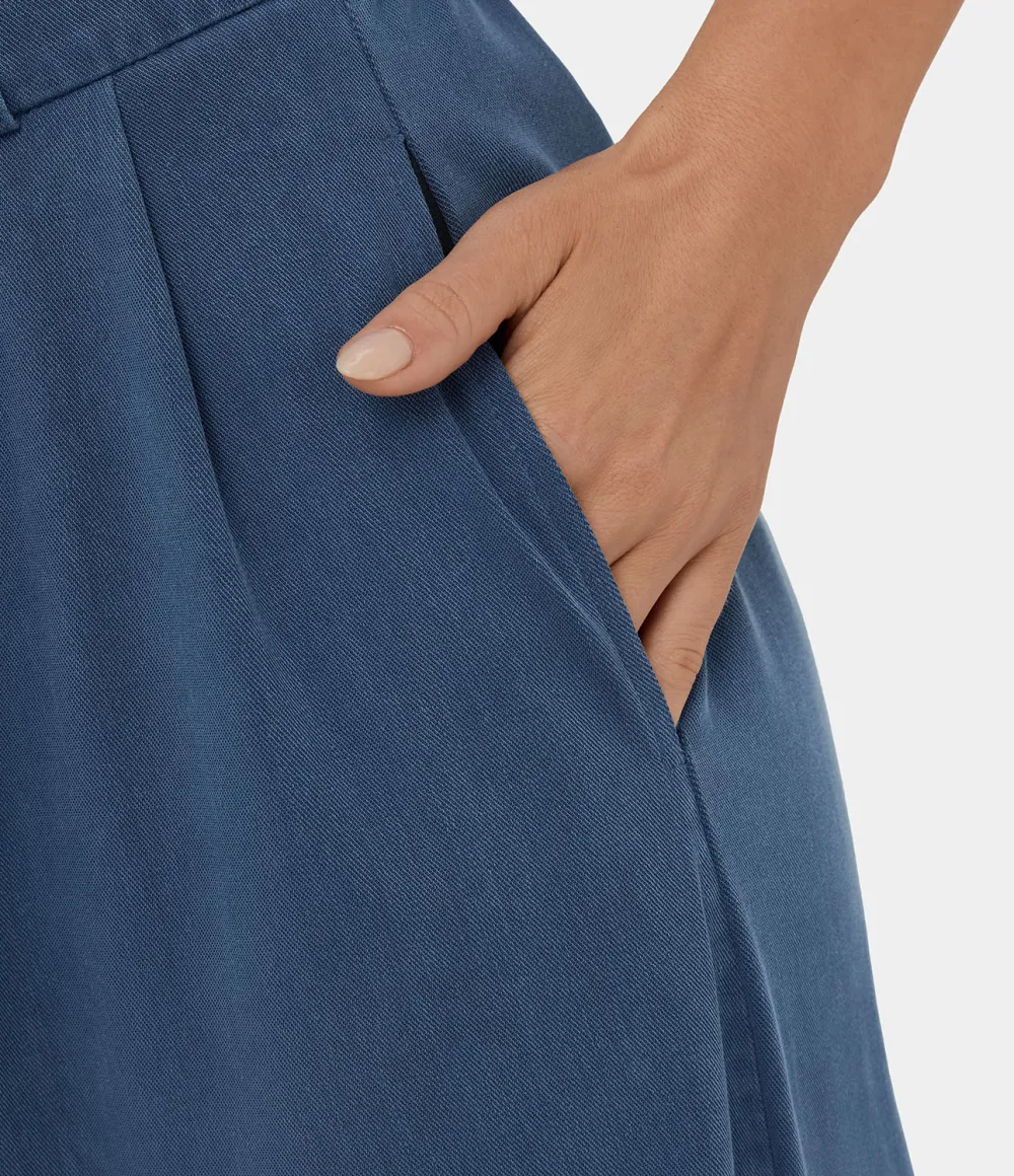 High Waisted Button Zipper Plicated Side Pocket Split Hem Wide Leg Casual Pants