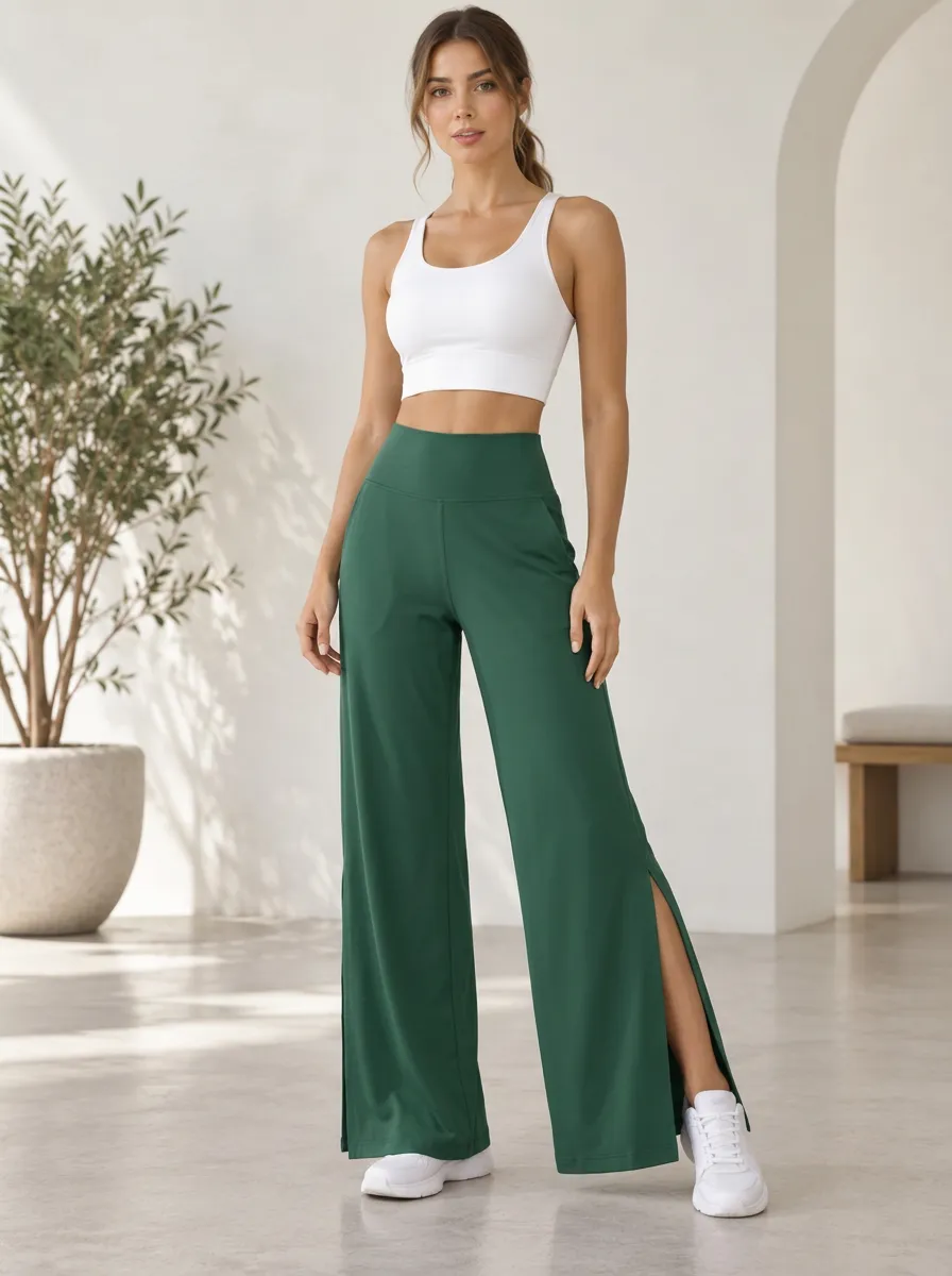 Women's Pocket Relaxed Fitness Wide Leg Slit Yoga Pants