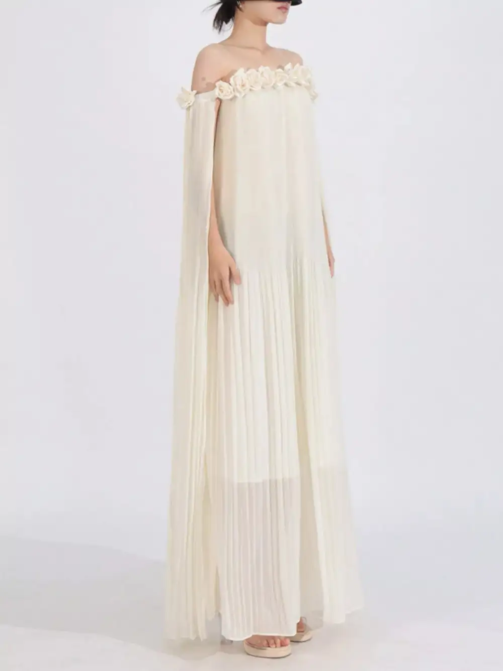 Off Shoulder Floral Pleated Maxi Dress