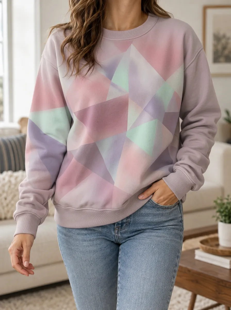 Women's Lavender Geometric Print Crewneck Sweatshirt Crew Neck